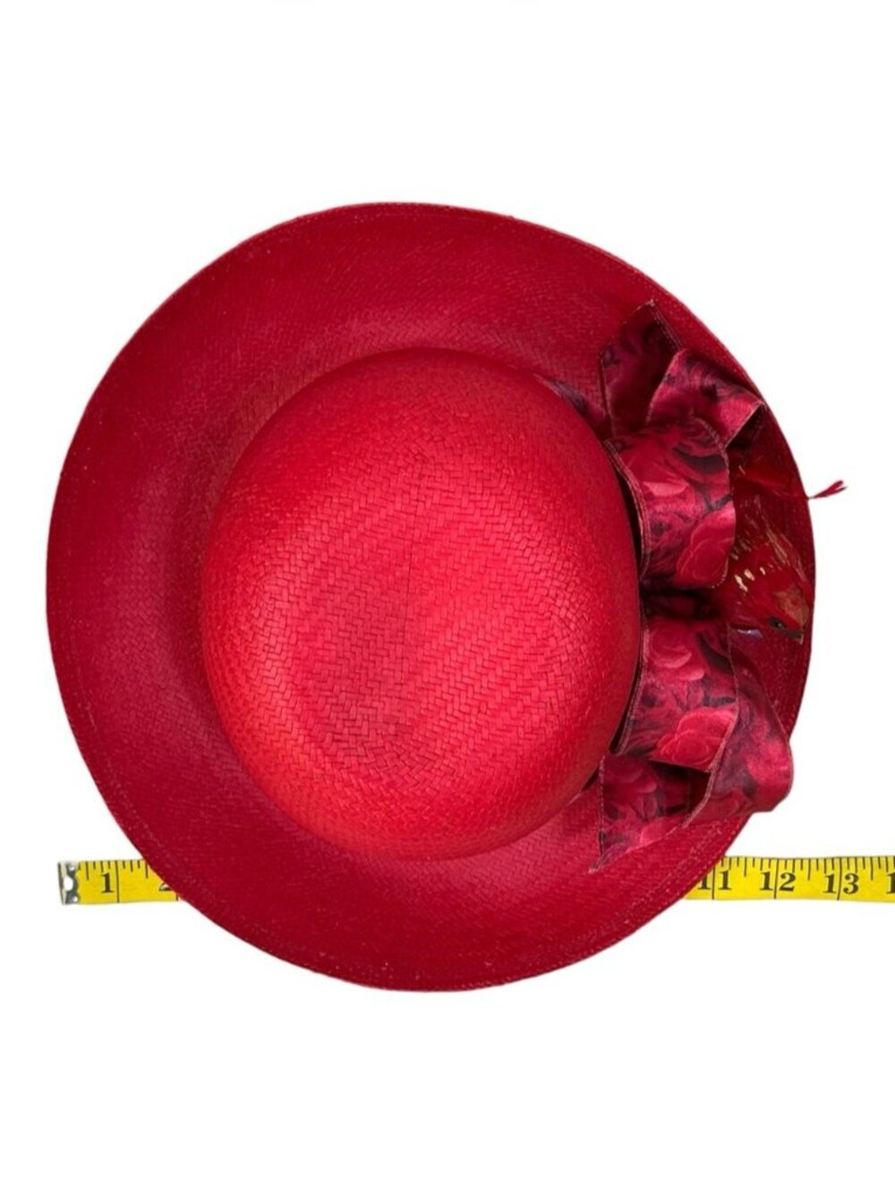 Vintage Red Straw Church Derby Hat Embellished Ribbon Red Bird Adult OS 1980’s - Picture 9 of 15